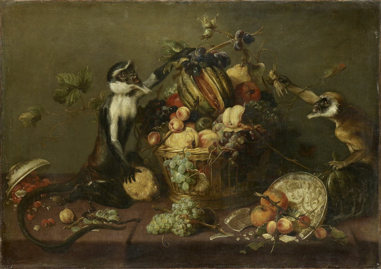 Két majom egy gyümölcskosarat rabol alkotó: Frans Snyders
