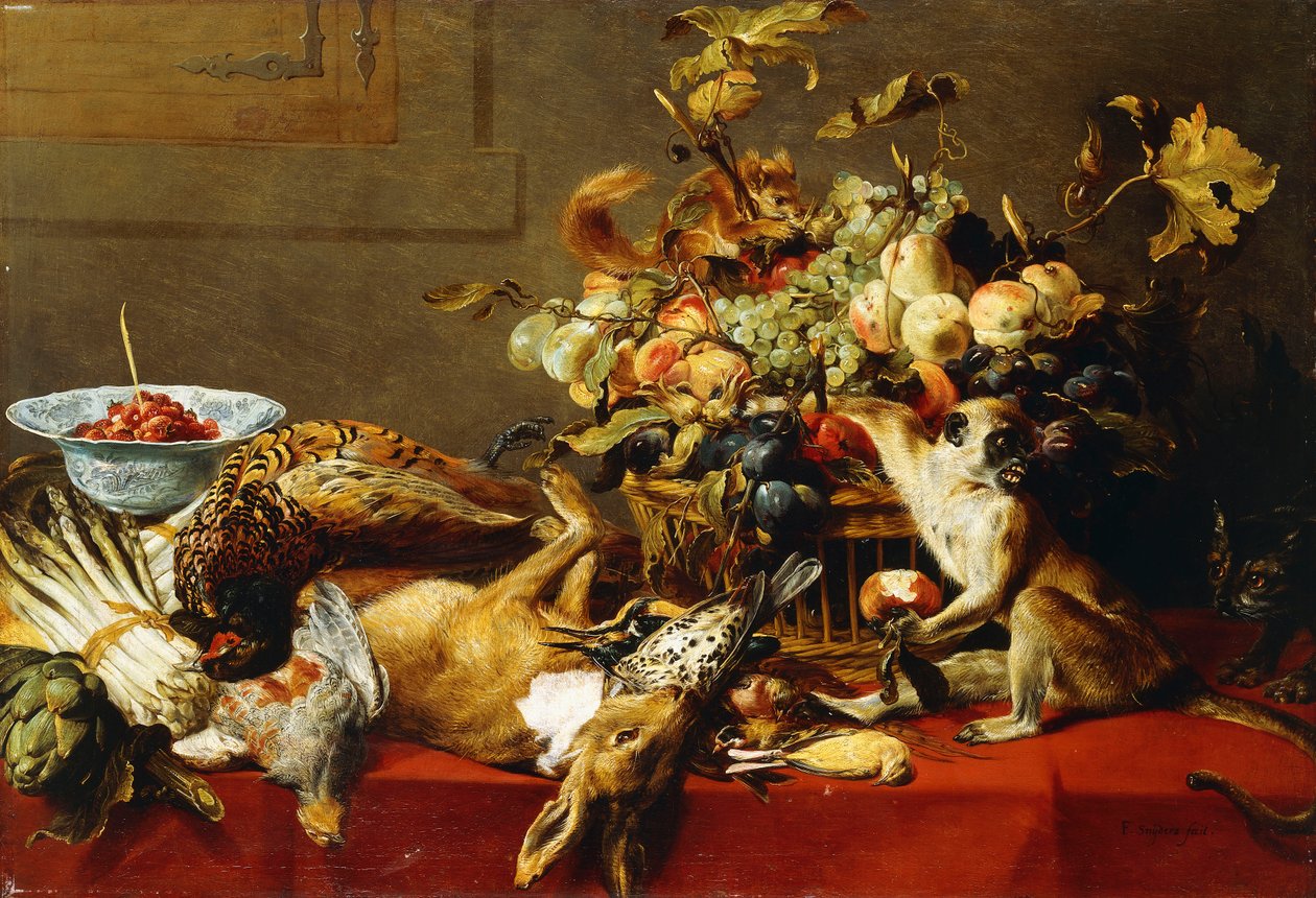 Egy kosár gyümölcs egy terített asztalon döglött vadakkal és egy majommal, alkotó: Frans Snyders or Snijders