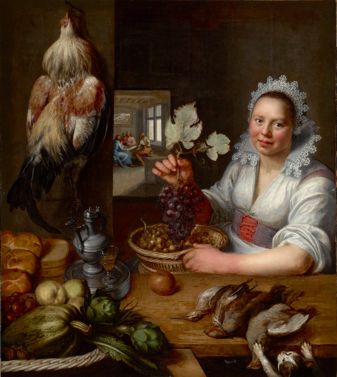 Scene de cuisine avec scene du Christ a Emmaus – Konyhai jelenet Krisztussal Emmausban, Snyders (Snijders), Frans (1579-1657). Olaj, vászon, 1615 és 1620 között. Mérete: 114,5x102 cm. Muzeul National Brukenthal, Nagyszeben alkotó: Frans Snyders or Snijders