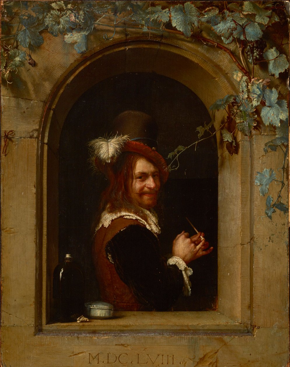 Férfi pipával az ablakon – Ember pipával az ablakon, Mieris, Frans van Mieris de Oudere vagy az idősebb (1635-1681). Olaj, fa, kb 1658. Mérete: 20x15,5 cm. Brukenthal Nemzeti Múzeum, Nagyszeben alkotó: Frans van Mieris