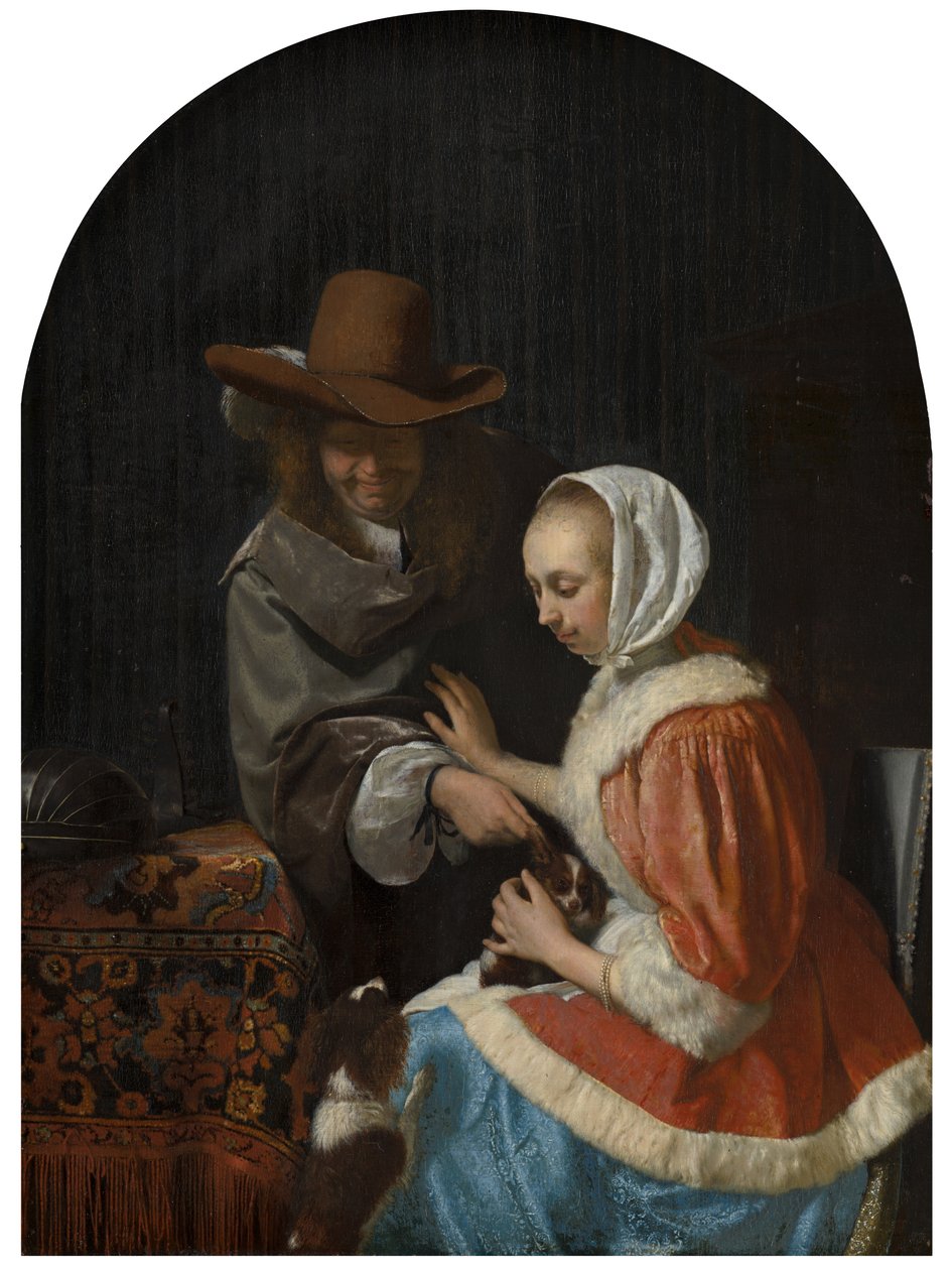 Férfi és nő két kutyával, „A házi kedvenc ugratása” néven ismert, 1660 alkotó: Frans van Mieris