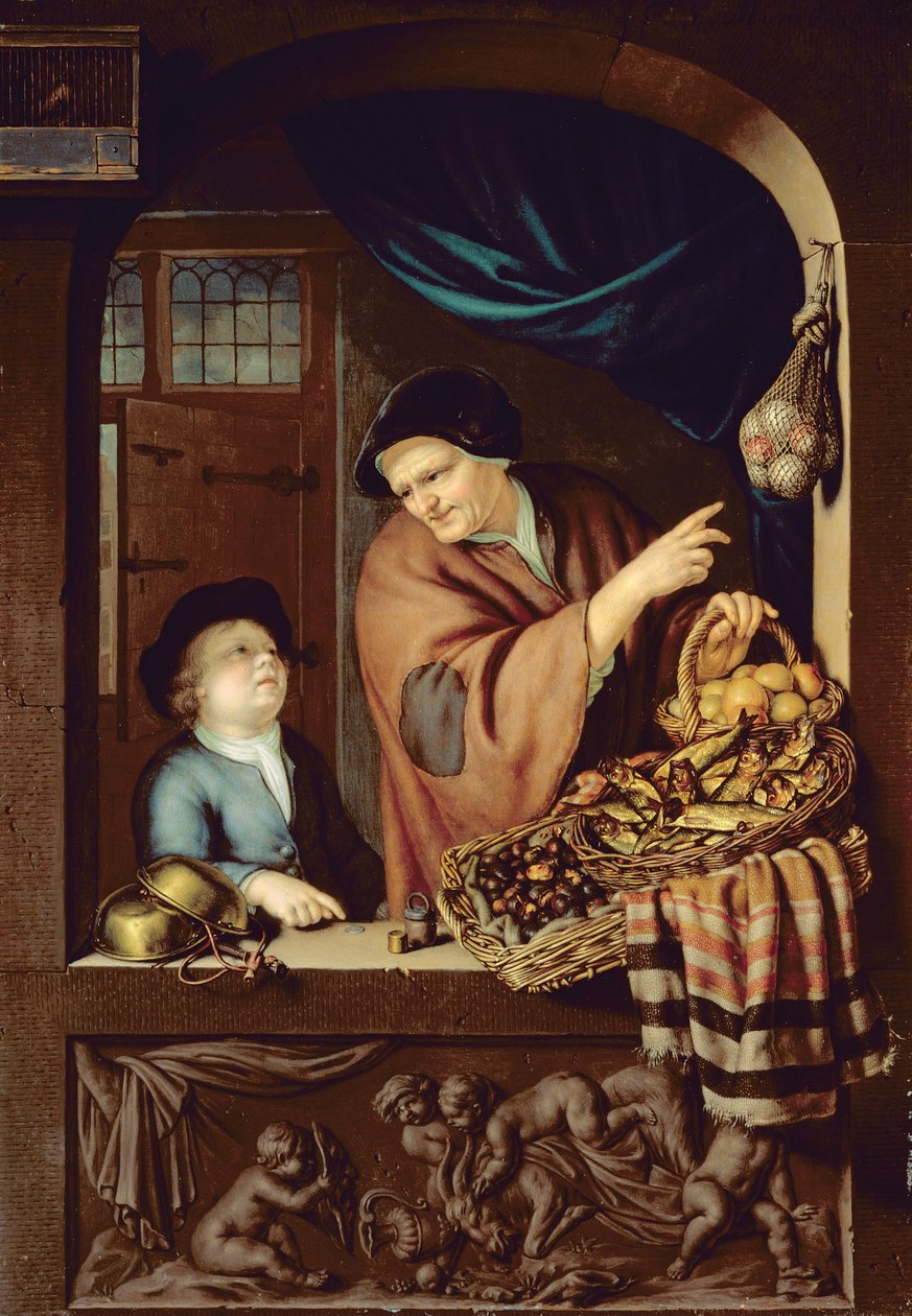 The Chesnut and Kipper Seller, 1722 (olaj, tölgy) alkotó: Frans van Mieris
