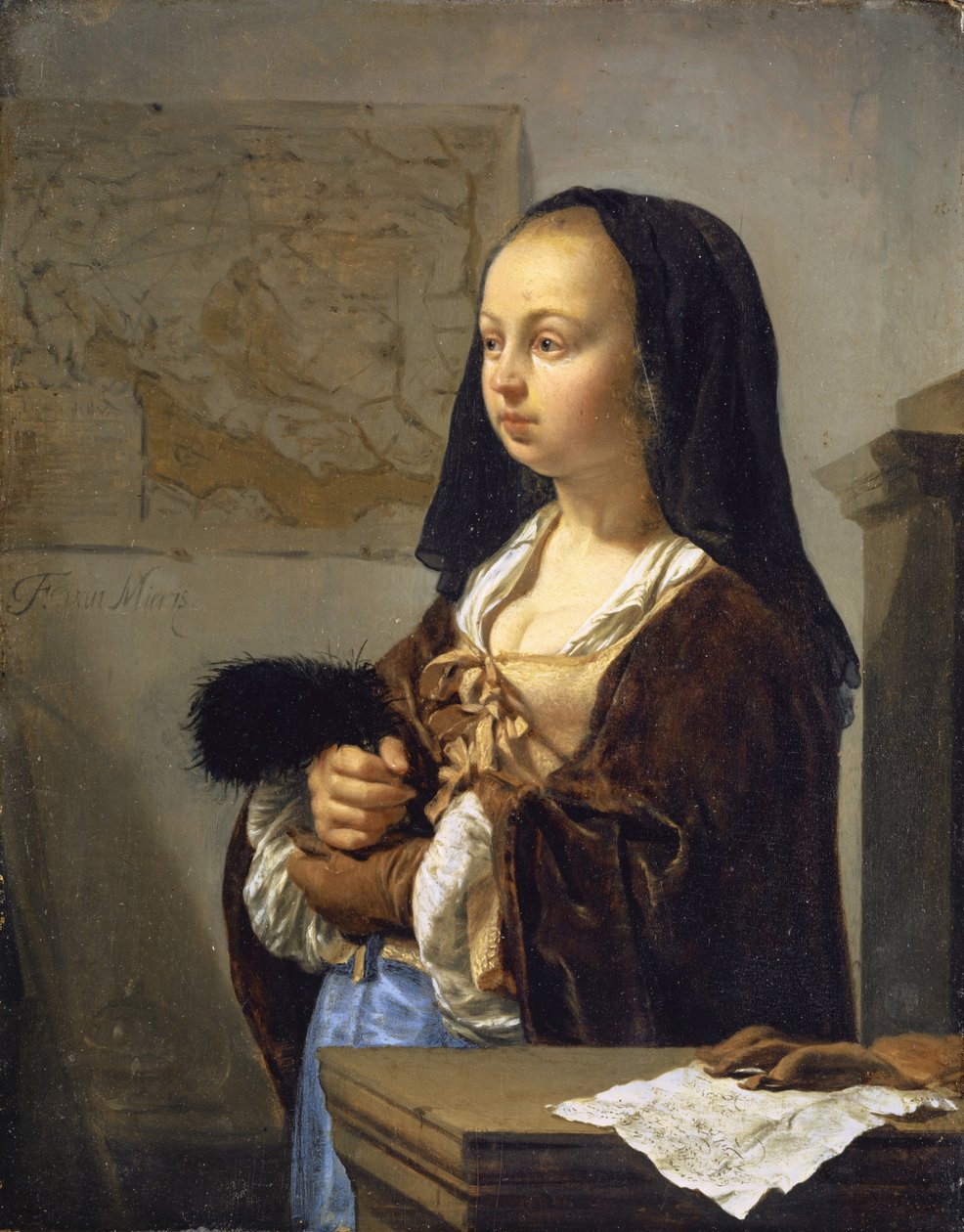 Fiatal nő tolllegyezővel, felkészülve, hogy kimenjen, 1657-59 alkotó: Frans van Mieris
