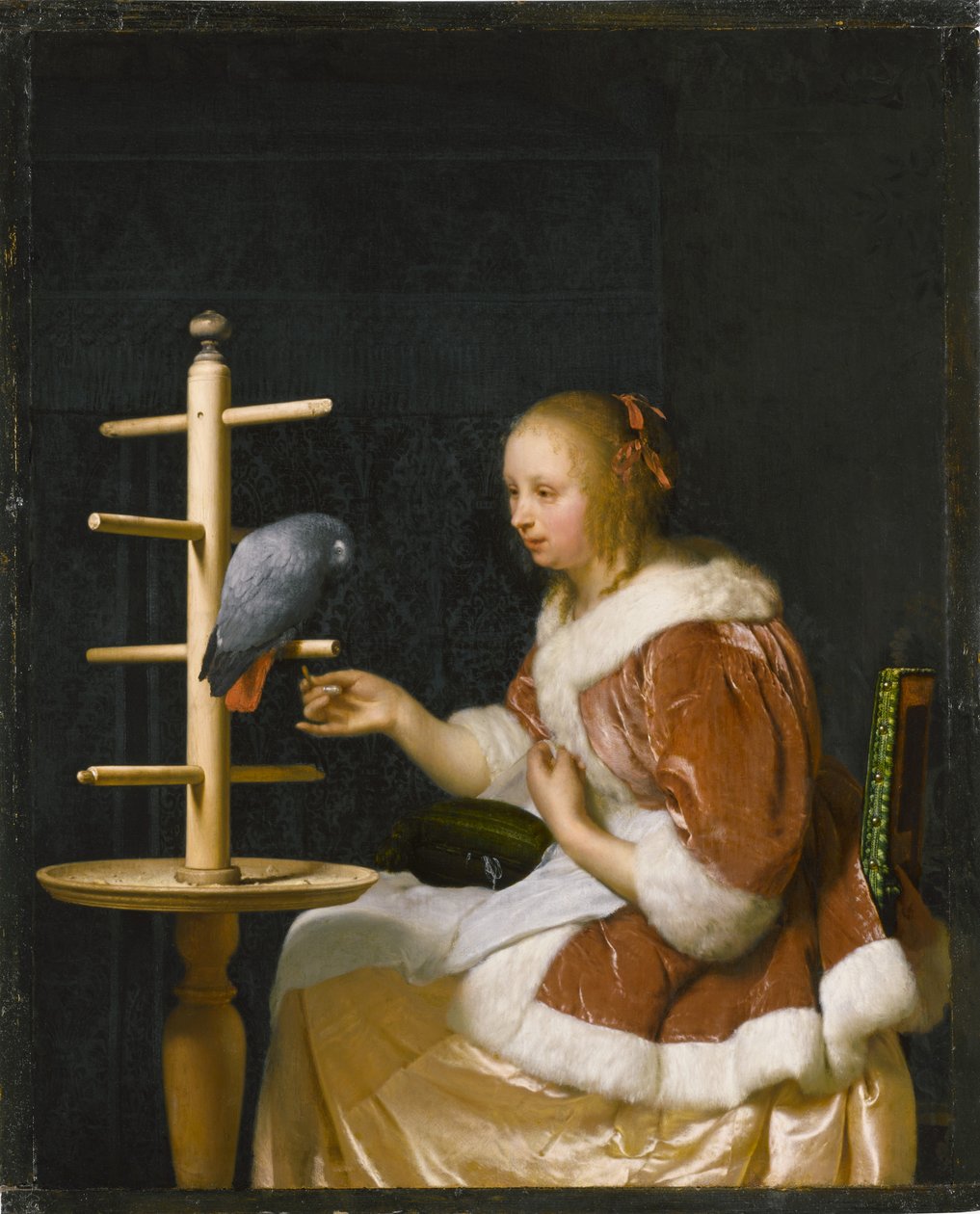 Fiatal nő papagájt etet, 1663. alkotó: Frans van Mieris the Elder