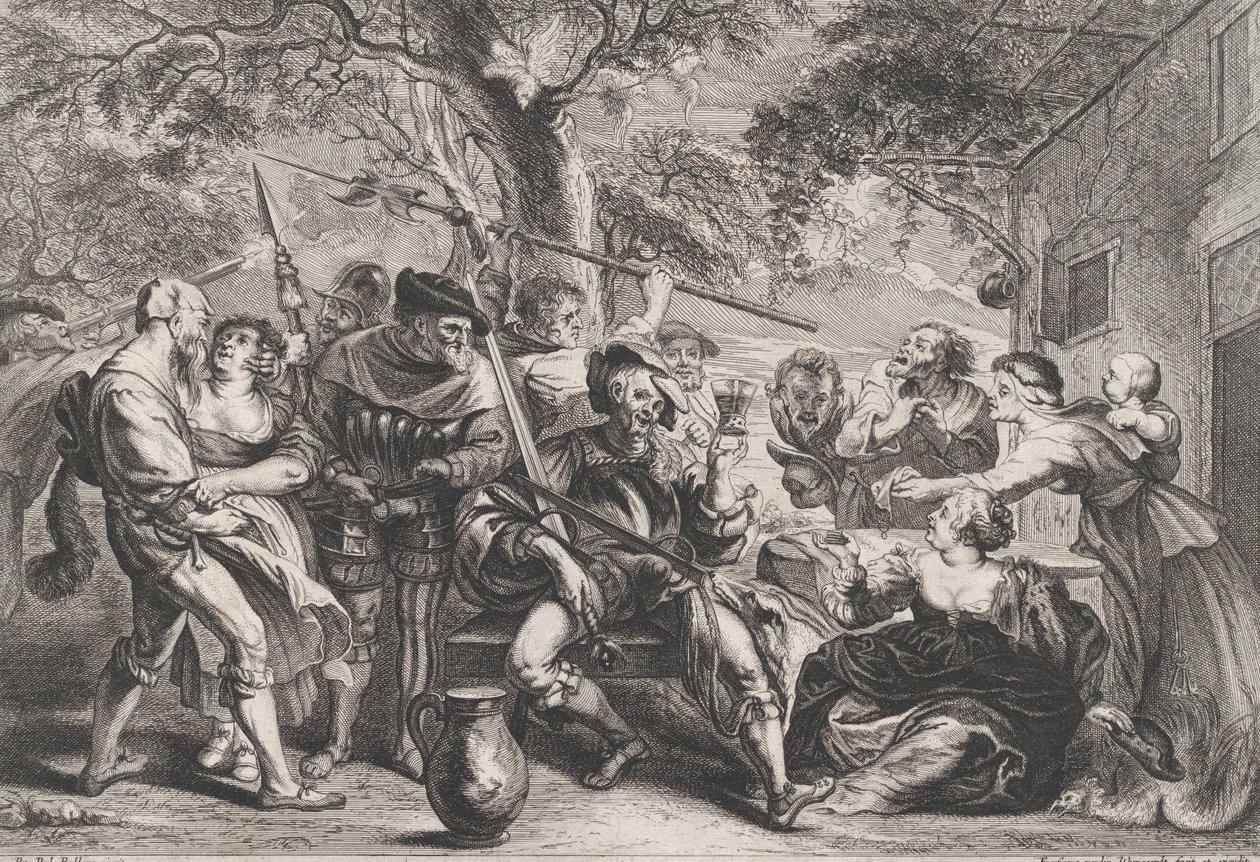 Don Quijote és a La Santa Hermandad csapatai egy kocsma előtt, kb. 1635-79. alkotó: Frans van den Wyngaerde