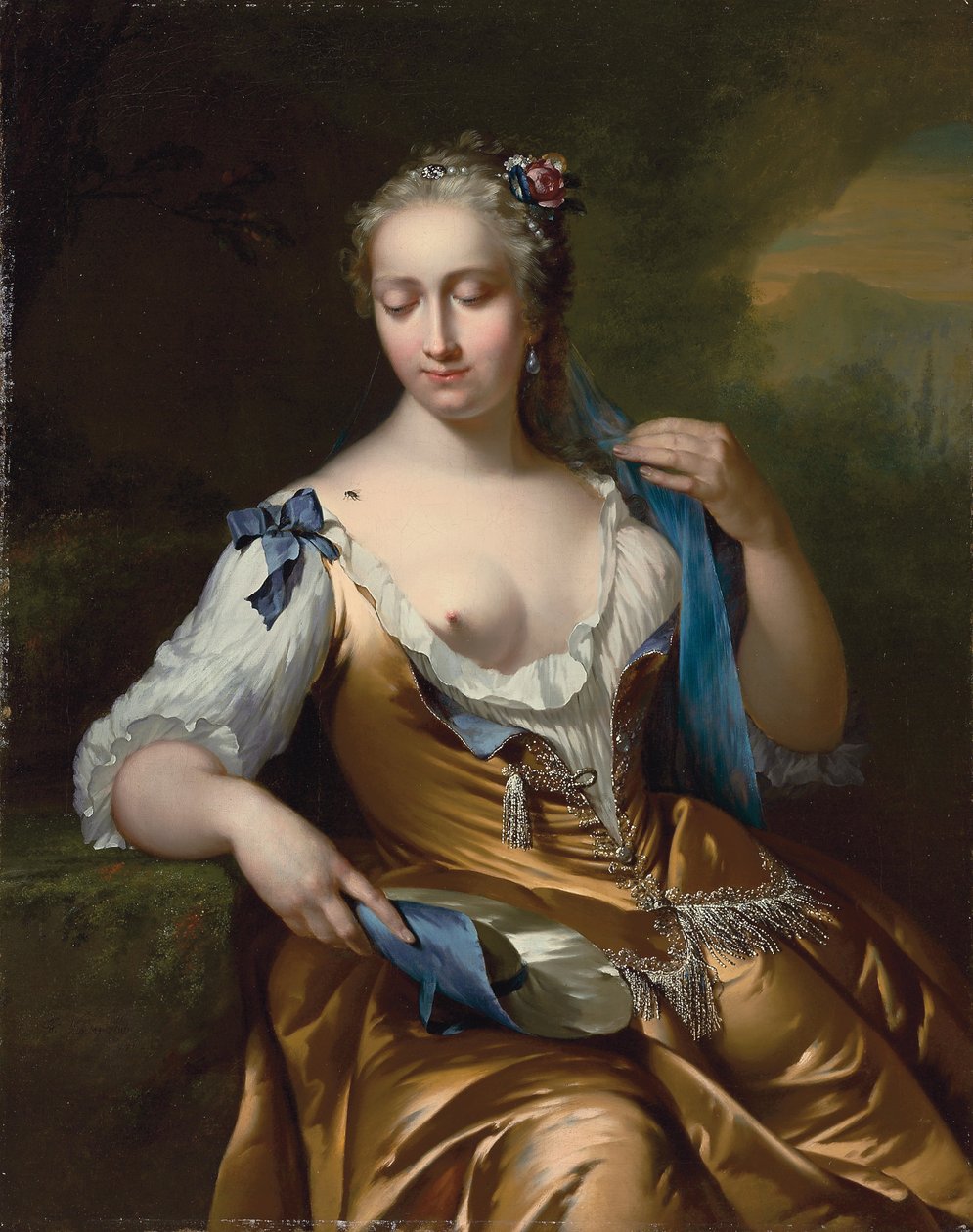 Hölgy egy tájban, vállán légy: az érintés allegóriája, 1742 alkotó: Frans van der Mijn