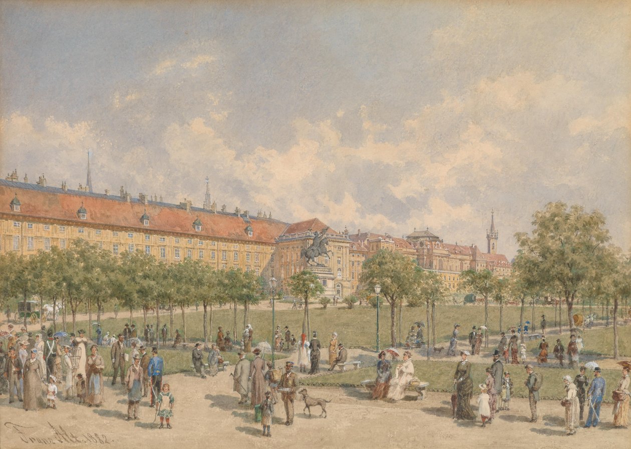 A Heldenplatz Bécsben, kilátással a Hofburg Leopoldine szárnyára alkotó: Franz Alt