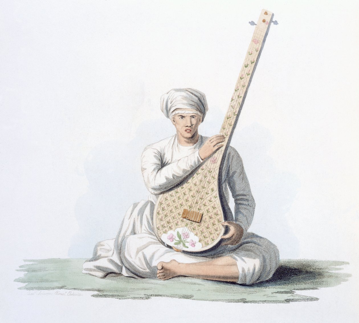 Tumboora, a magasabb kasztok által játszott hangszer, E. Orme „India jelmezei” című művéből, 1804 (színes rézkarc) alkotó: Franz Balthazar Solvyns