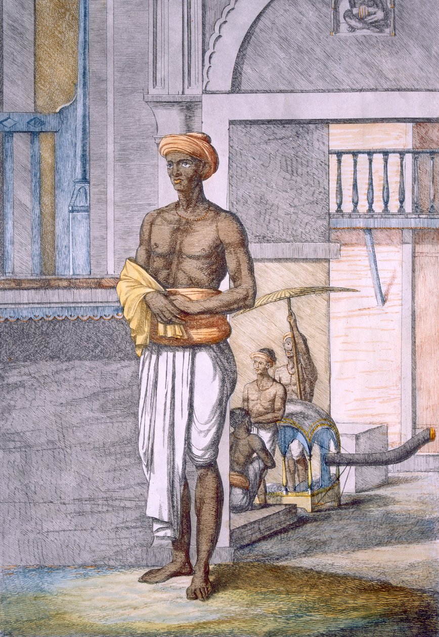 Bengáli, aki hordárként szolgál egy palankin taxival a háttérben, „A hinduk, avagy viselkedésük, jelmezeik és szertartásaik leírása”, 1808–1812 (színes rézkarc) alkotó: Franz Balthazar Solvyns