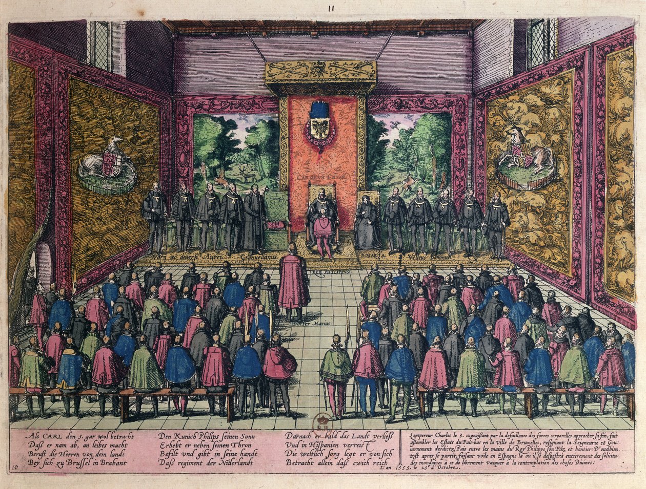 V. Károly császár (1500-58) 1555. október 25-én a brüsszeli udvar előtt bejelenti Németalföld feletti hatalmának lemondását fiának és örökösének, II. Fülöpnek (1527-98). alkotó: Franz Hogenberg
