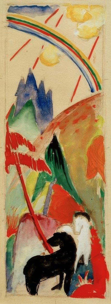 Fekete-fehér ló egy hegyi táj, eső bú alkotó: Franz Marc
