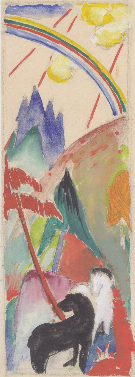 Fekete -fehér ló a szivárványos hegyi tájon alkotó: Franz Marc