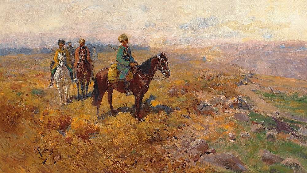 Fegyveres kaukázusi lovasok járőröznek alkotó: Franz Roubaud