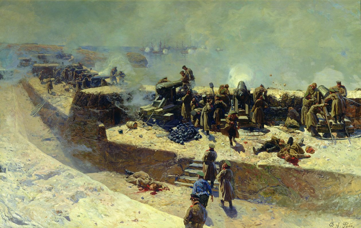 Az Alexander-üteg megtámadta az angol-francia flottát 1854. október 5-én, 1905. alkotó: Franz Roubaud