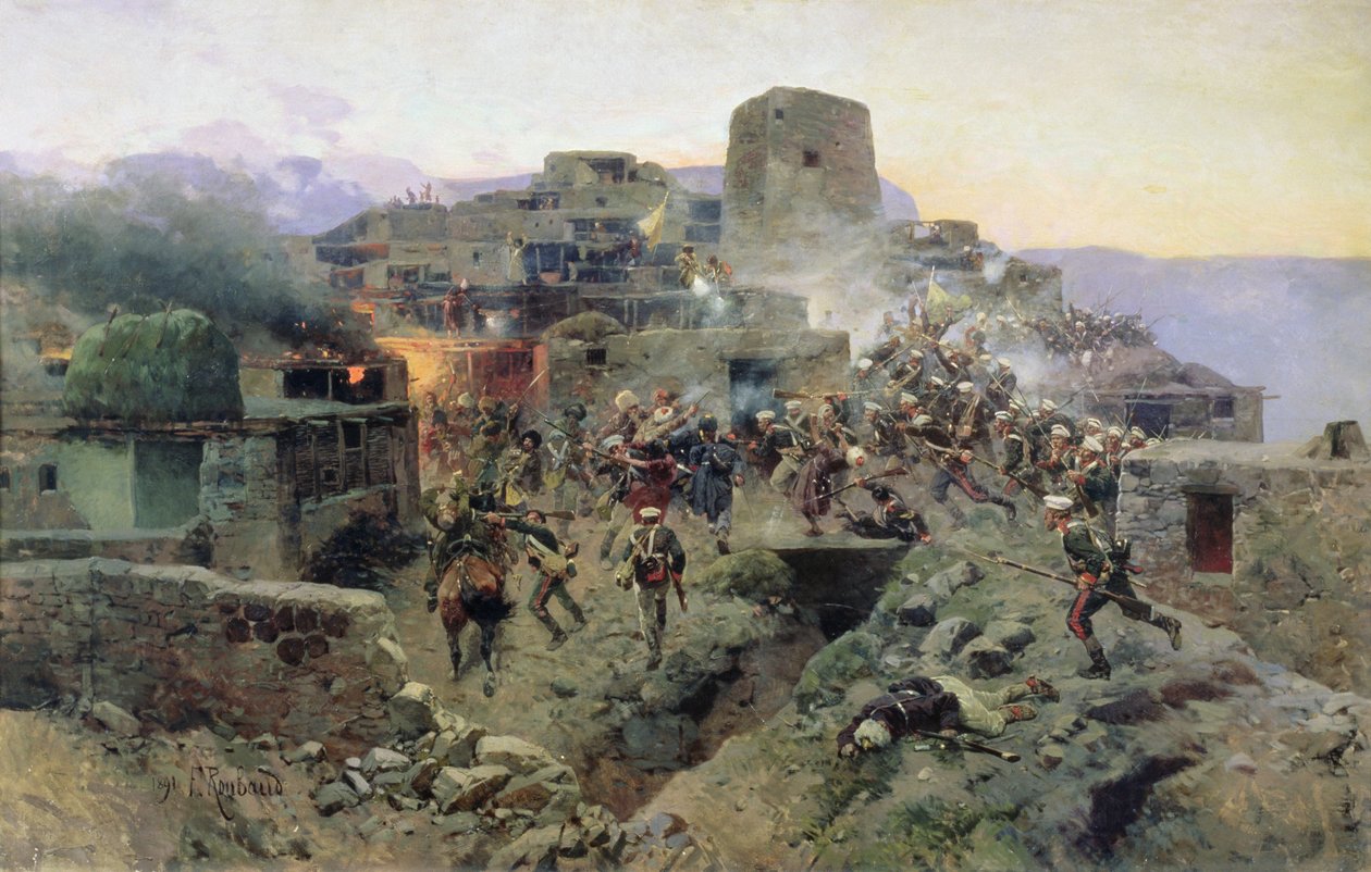 Aul Gimry elfogása, 1832. október 17., 1891 alkotó: Franz Roubaud