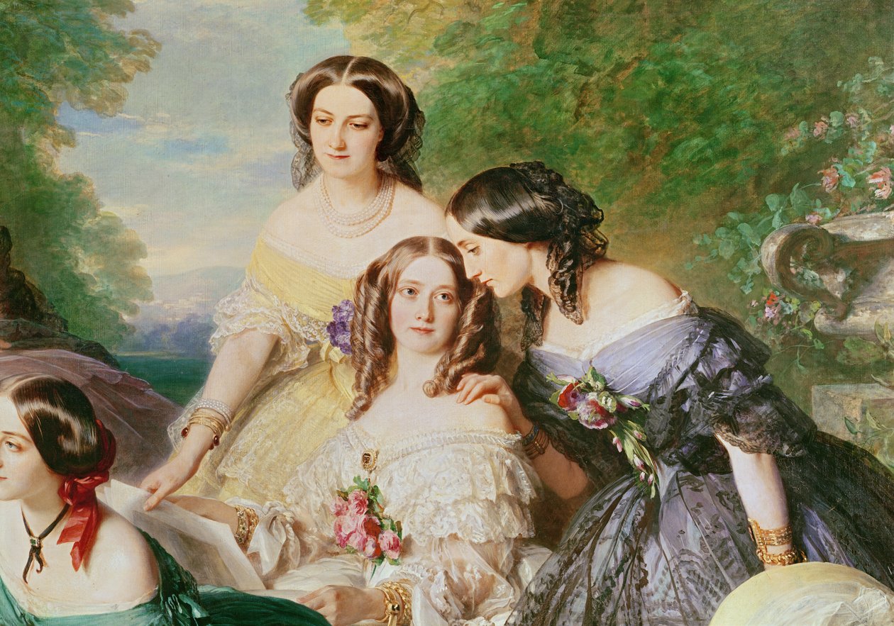 Eugenie császárné 1826-1920 és hölgyei várakozva, Baronne de Malaret részlete, sz. Nathalie de Segur sárga ruha, Marquise de las Marismas fehér ruha és de La Tour Maubourg és a márqué alkotó: Franz Xaver Winterhalter