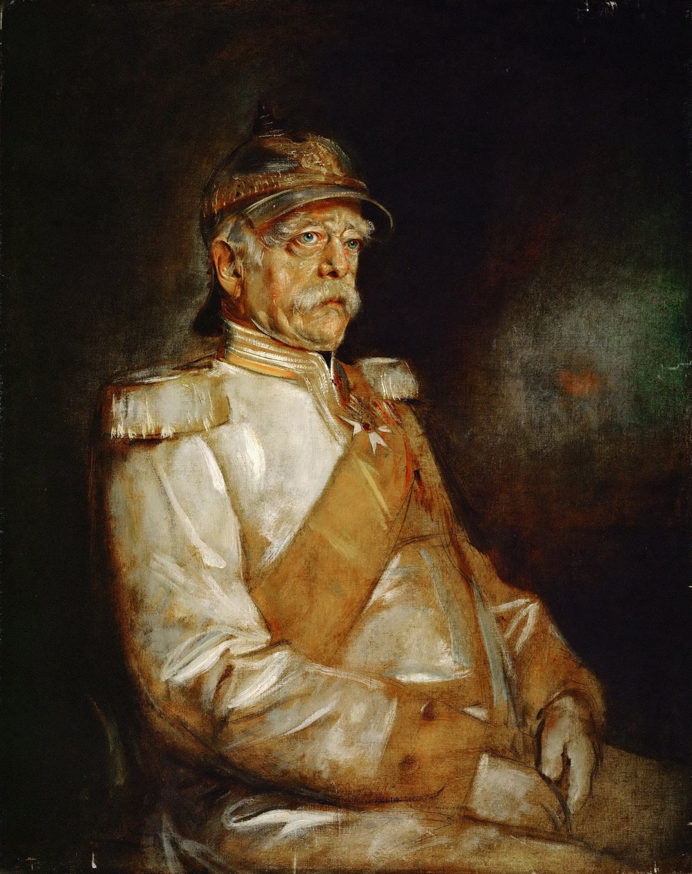 Otto von Bismarck kancellár egyenruhában, porosz sisakkal alkotó: Franz von Lenbach
