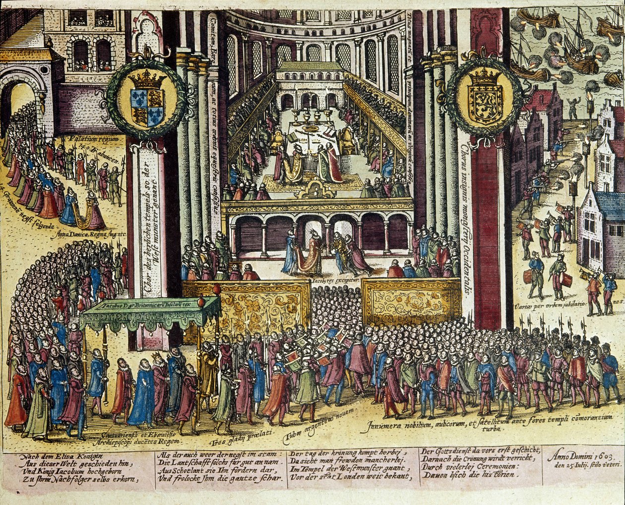 I. Jakab angol király (1566-1625) megkoronázása a Westminster-székesegyházban 1960. július 25-én. 1653 Franz Hogenberg (1535-1590) metszete, Nyomdai Kabinet, B.N., Párizs. alkotó: Franz (after) Hogenberg