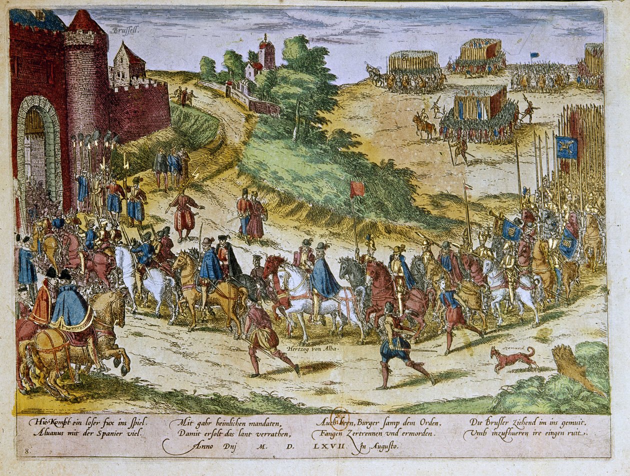 Ferdinand Alvare of Toledo vagy Fernando Alvarez de Toledo y Pimentel (1508-1582), Alba de Tormes 3. hercegének bevonulása Brüsszelbe 1567. 08. 08-án a spanyol hadsereggel. 1653 Franz Hogenberg (1535-1590) metszete, Nyomdai Kabinet, B.N., Párizs. alkotó: Franz (after) Hogenberg