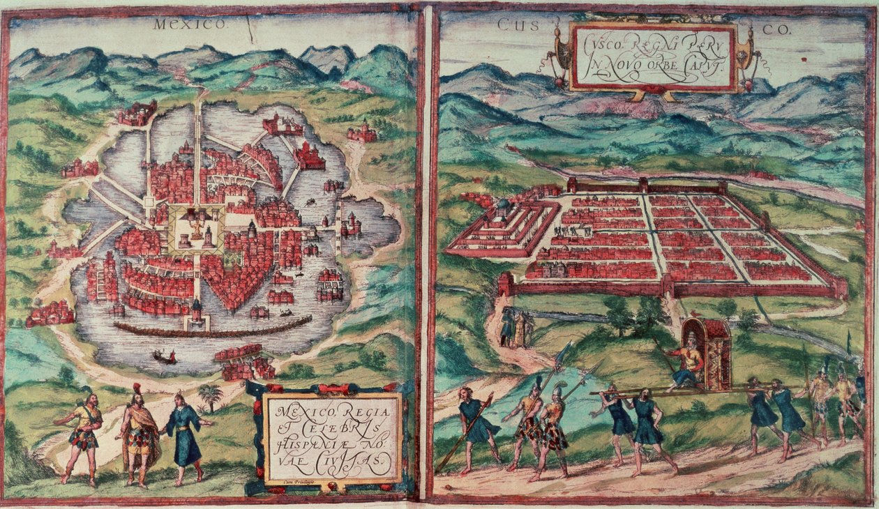 Mexikóváros (Mexikó) és Cusco City (Peru) tervei Carl Nebel "Voyage Pittoresque" című művéből (színes metszet) (lásd: 141102) alkotó: Franz (after) Hogenberg