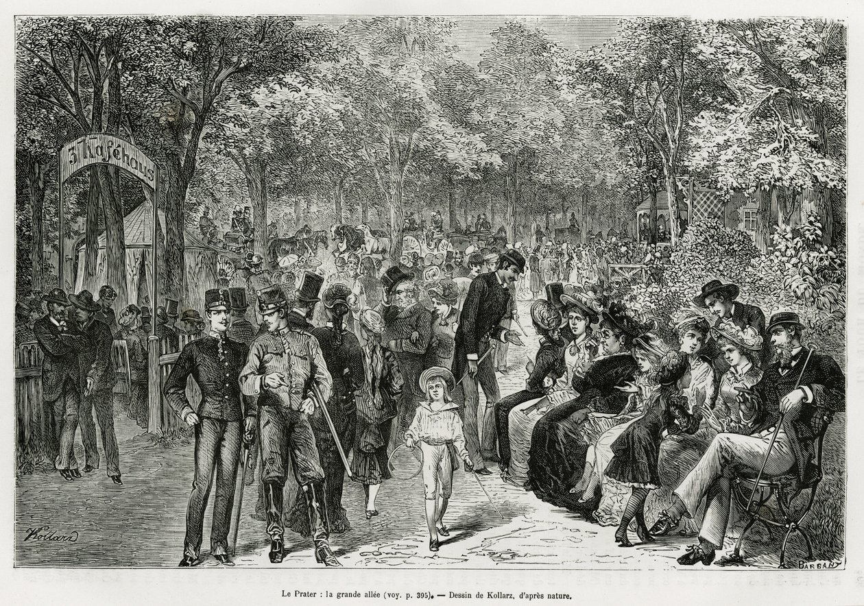 A Práter: a nagy sétány. Kollarz metszete, M. Newlinski Bécs és külvárosa című történetének illusztrálására, 1881-ben, a Tour du monde-ban jelent meg Edouard Charton (1807-1890) irányításával alkotó: Franz (after) Kollarz