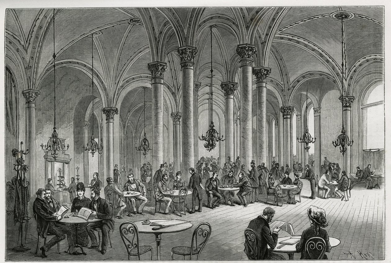 A központi kávézó Bécsben (Ausztria). Kollarz metszete, M. Newlinski Bécs és külvárosa című történetének illusztrálására, 1881-ben, a Tour du monde-ban jelent meg Edouard Charton (1807-1890) irányításával alkotó: Franz (after) Kollarz