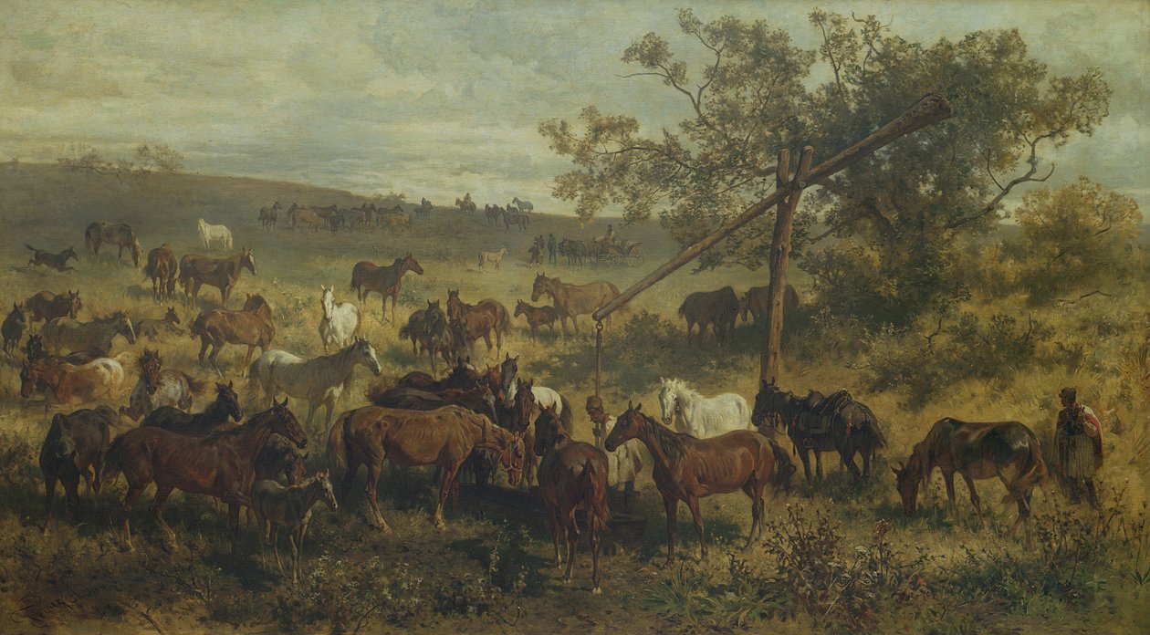 Lovak egy vályúnál, 19. század alkotó: Franz Adam
