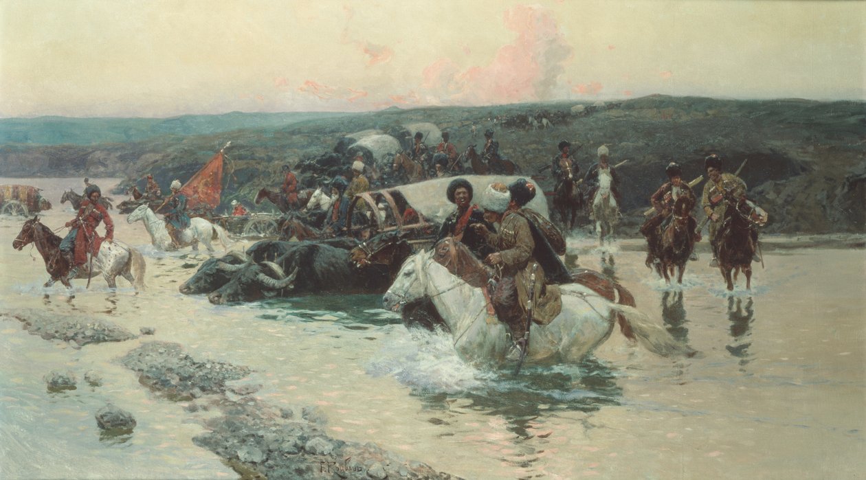 Cherkess Convoy Crossing a River (olaj, vászon) alkotó: Franz Alekseevich Roubaud
