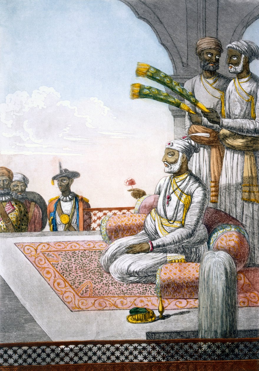 A Rahjah és kísérői, a "Les Hindous ou la Description de leurs Moeurs Coutumes at Ceremonies" című könyvből, pub. 1808-12 (színes metszet) alkotó: Franz Balthazar Solvyns