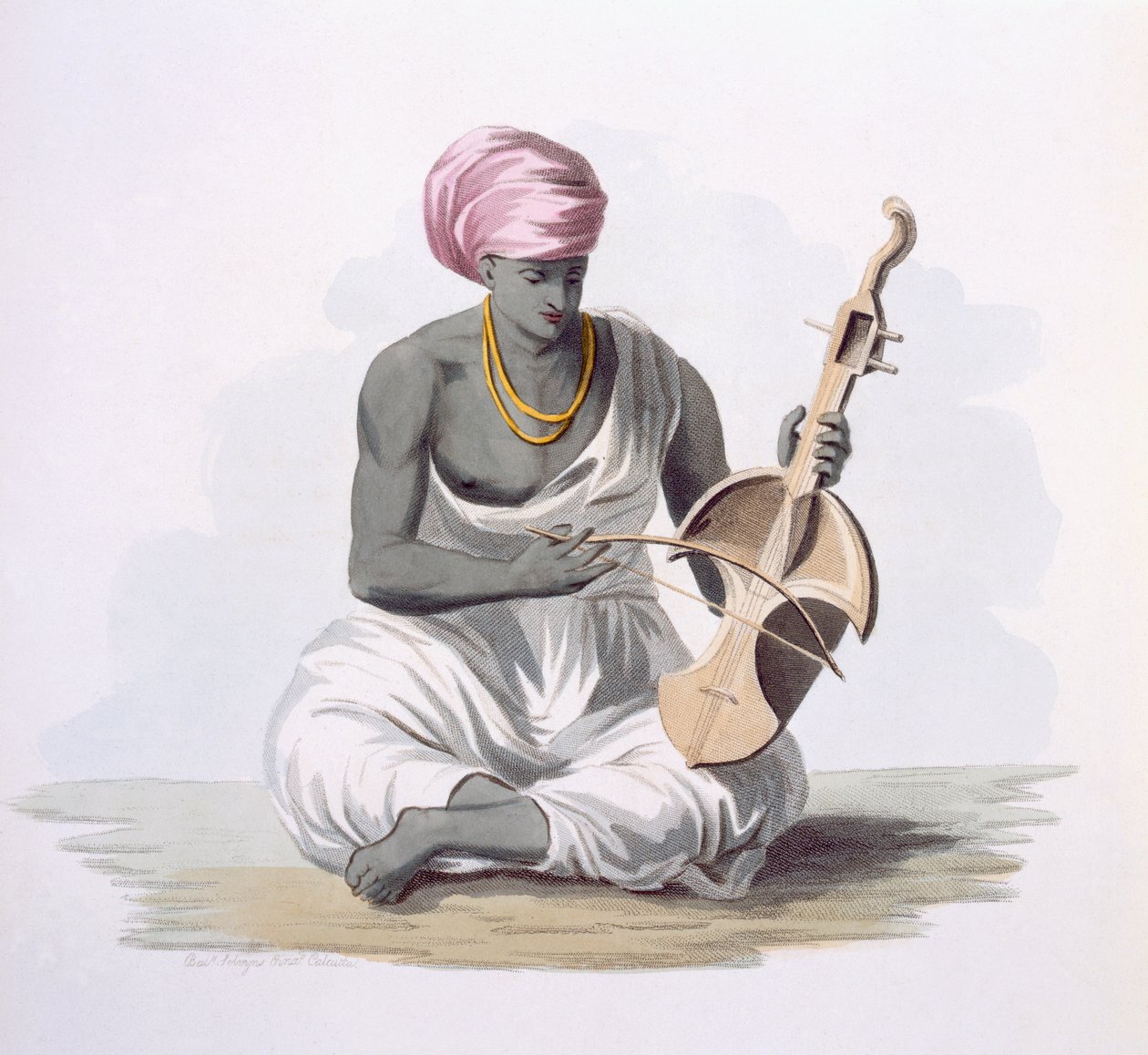 Sarinda vagy Hindostan típusú hegedű, E. Orme „India jelmezei” című művéből, 1804 (színes rézkarc) alkotó: Franz Balthazar Solvyns