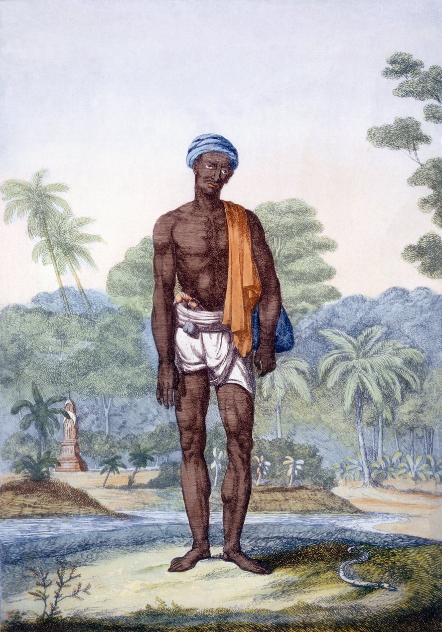 Egy kígyófogó, a "The Hindus, or the Description of their Manners, Costumes and Ceremonies" című műből, 1808-12 körül (színes metszet). alkotó: Franz Balthazar Solvyns