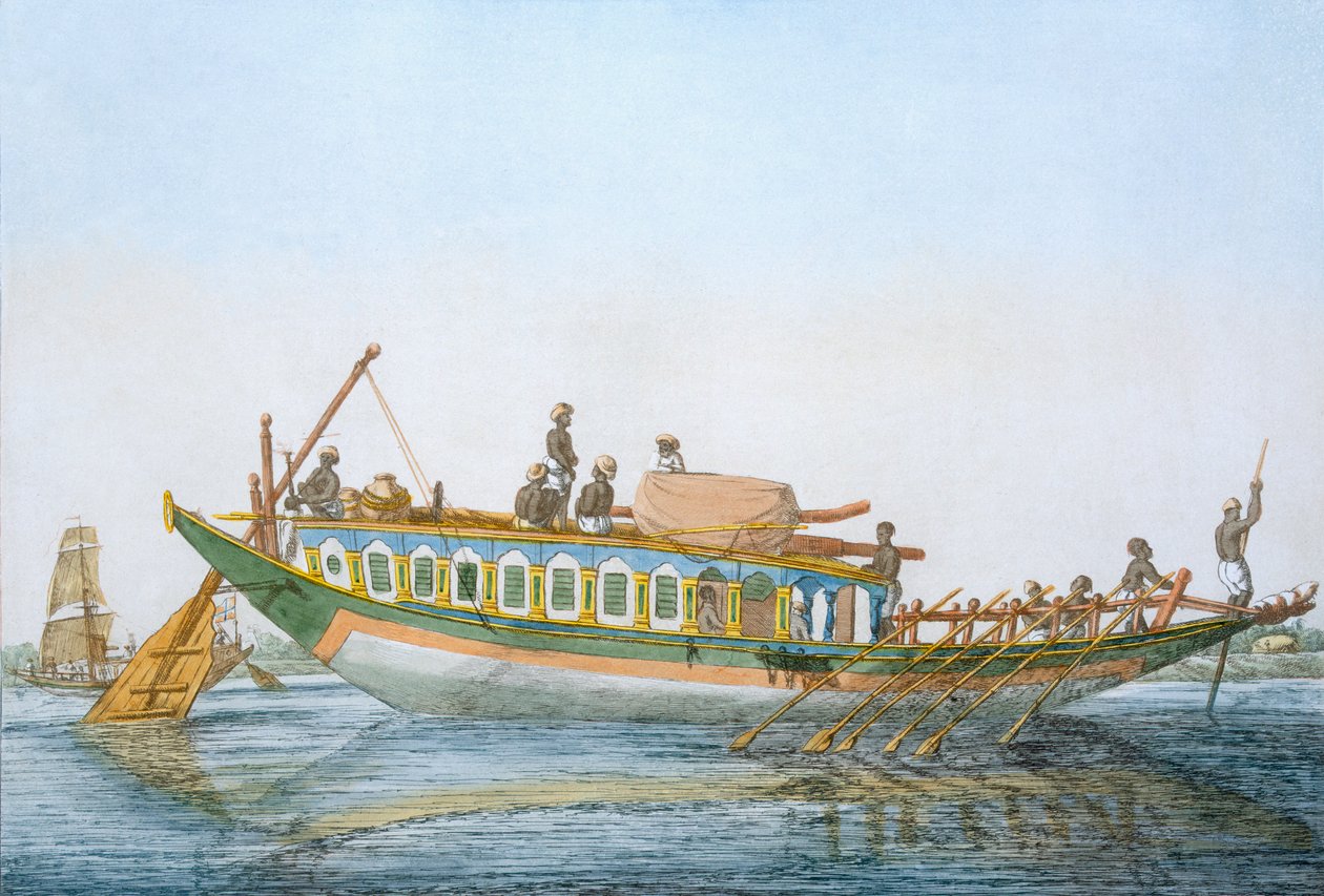 Badjera, egy kabinos folyami hajó, nagy lapátkormánnyal, „A hinduk, avagy viselkedésük, jelmezeik és szertartásaik leírása”, 1808–1812 (színes rézkarc) alkotó: Franz Balthazar Solvyns