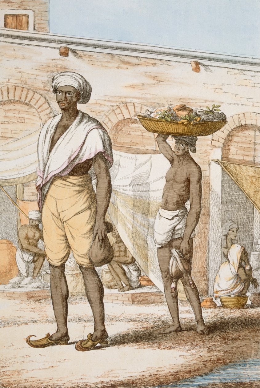 Hindu inas vagy ételvásárló, „A hinduk, avagy viselkedésük, jelmezeik és szertartásaik leírása”, 1808–1812 (színes rézkarc) alkotó: Franz Balthazar Solvyns