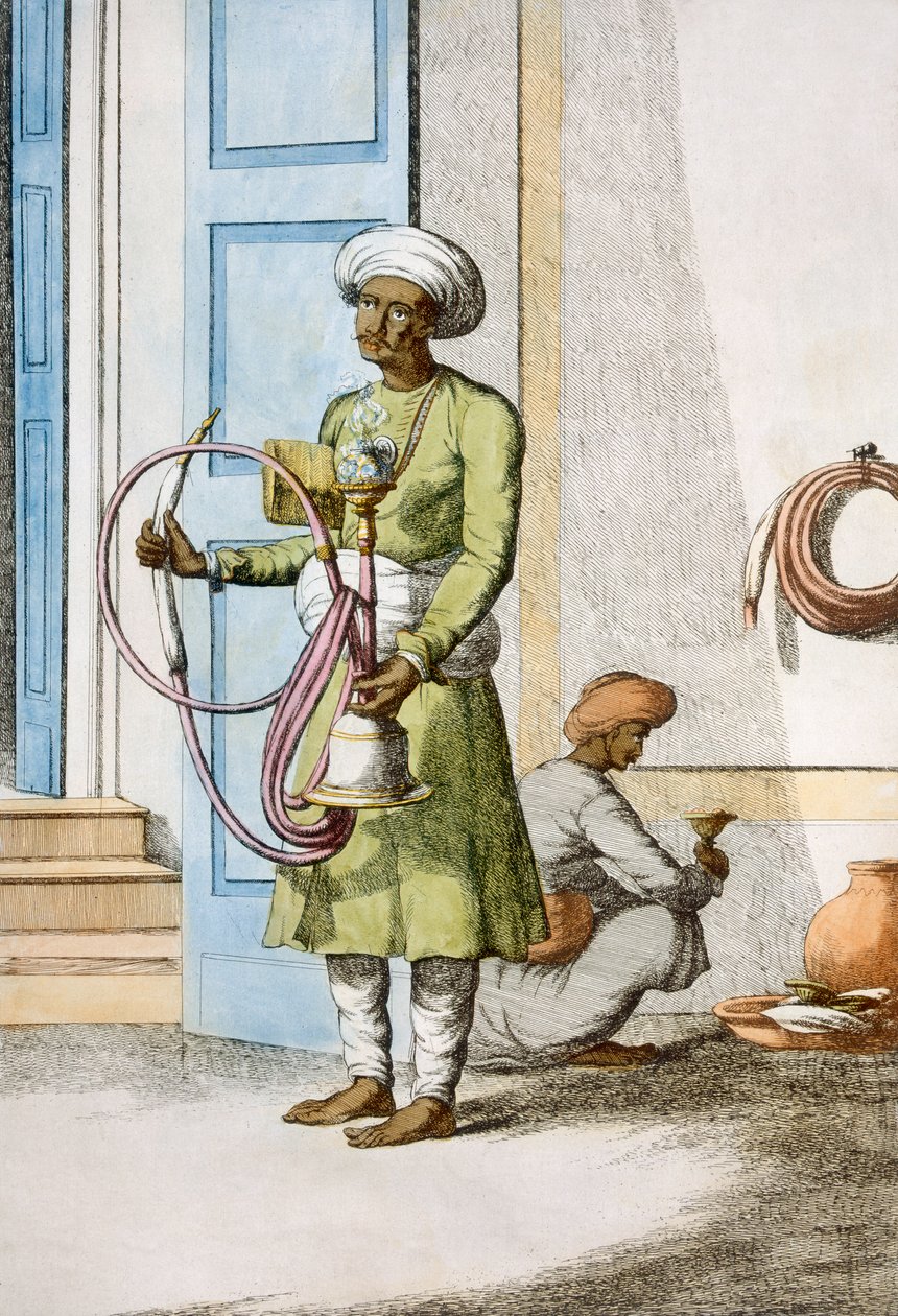 Vízipipa Burdar vagy Huka Bearer, "A hinduk, avagy viselkedésük, jelmezeik és szertartásaik leírása", 1808-1812 (színes rézkarc) alkotó: Franz Balthazar Solvyns