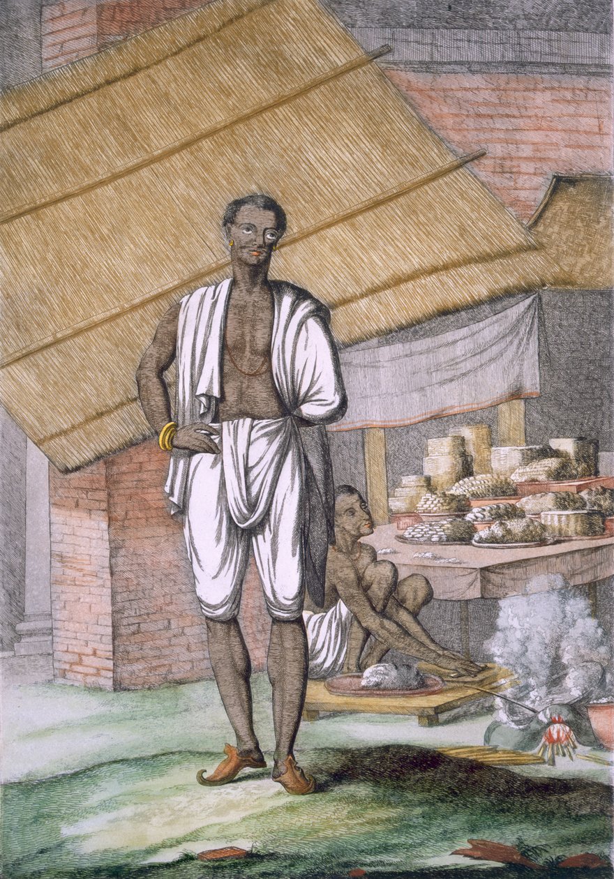 „Houalouays”, egy cukrász vagy cukrász, a „A hinduk vagy a szokásaik, szokásaik és szertartásaik leírása” kocsmából. 1808-12 (színes rézkarc) alkotó: Franz Balthazar Solvyns