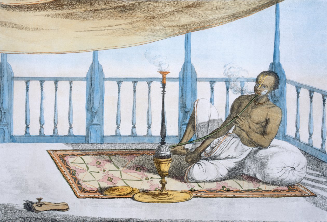 Férfi vízipipát szívó hasis vagy ópium, a "A hinduk vagy a szokásaik, szokásaik és szertartásaik leírása" kocsmából. 1808-12 (színes rézkarc) alkotó: Franz Balthazar Solvyns