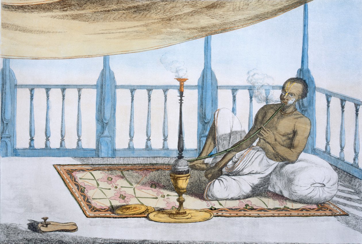 Férfi, aki vízipipa hasist vagy ópiumot szív, kocsmában. 1808-12. alkotó: Franz Balthazar Solvyns