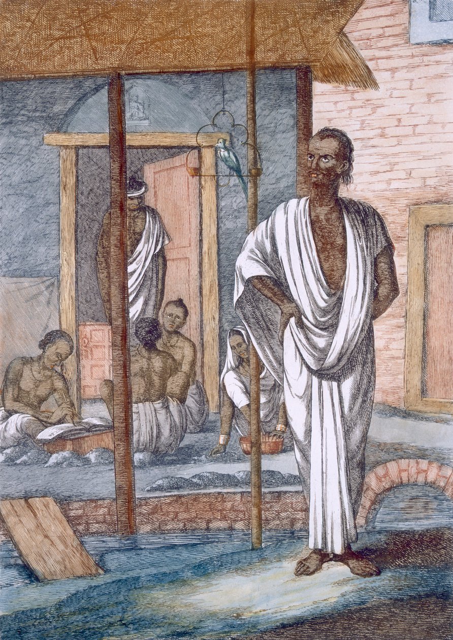 Pénzváltó a boltjában, a hivatalnok jegyzi a tranzakciókat és egy kisállat kakast, "A hinduk, avagy viselkedésük, jelmezeik és szertartásaik leírása", 1808-1212 (színes rézkarc) alkotó: Franz Balthazar Solvyns