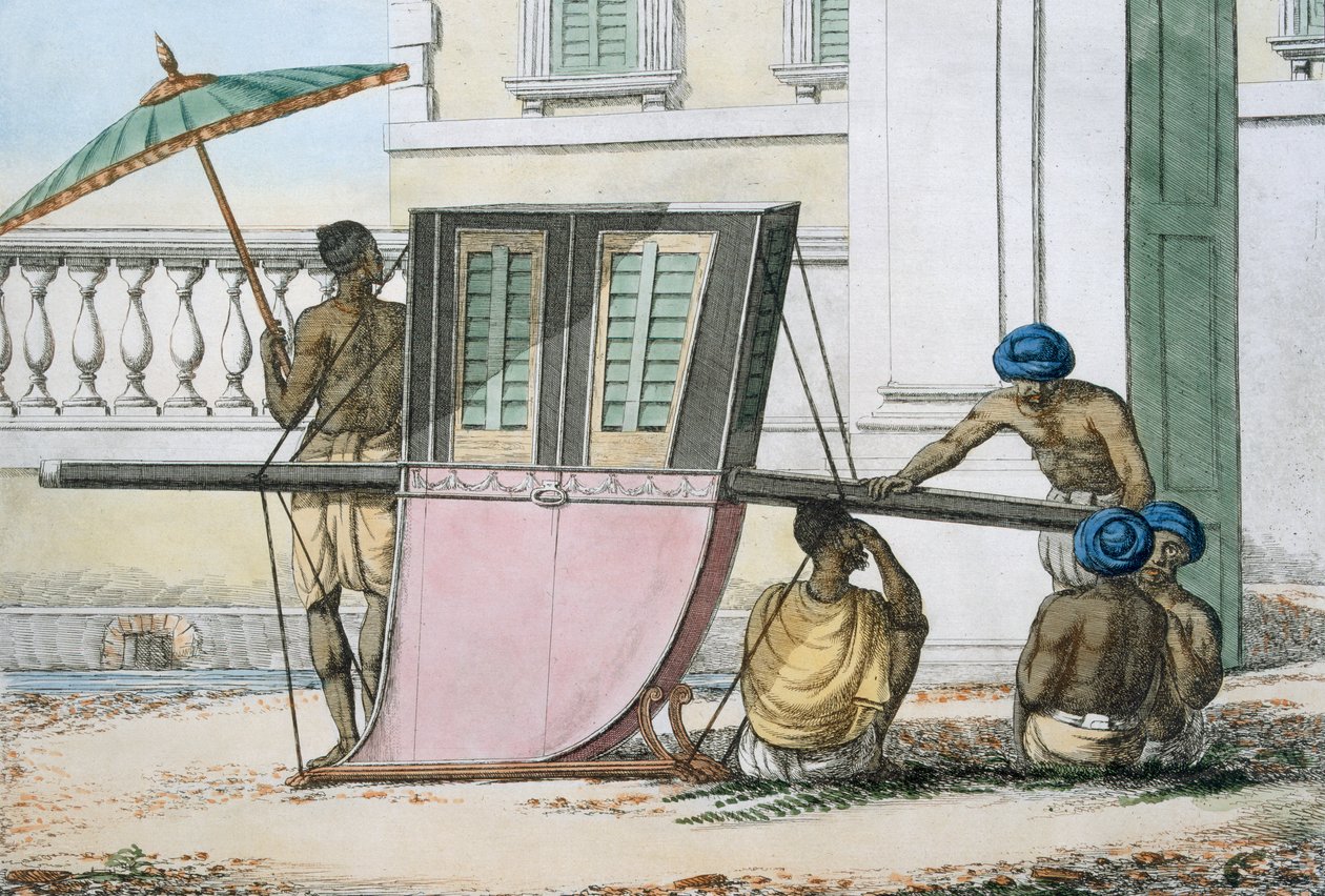 Gyaloghintóülés, a "The Manners, Customs and Dresses of The Hindus" című műből, 1799 (színes metszet) alkotó: Franz Balthazar Solvyns