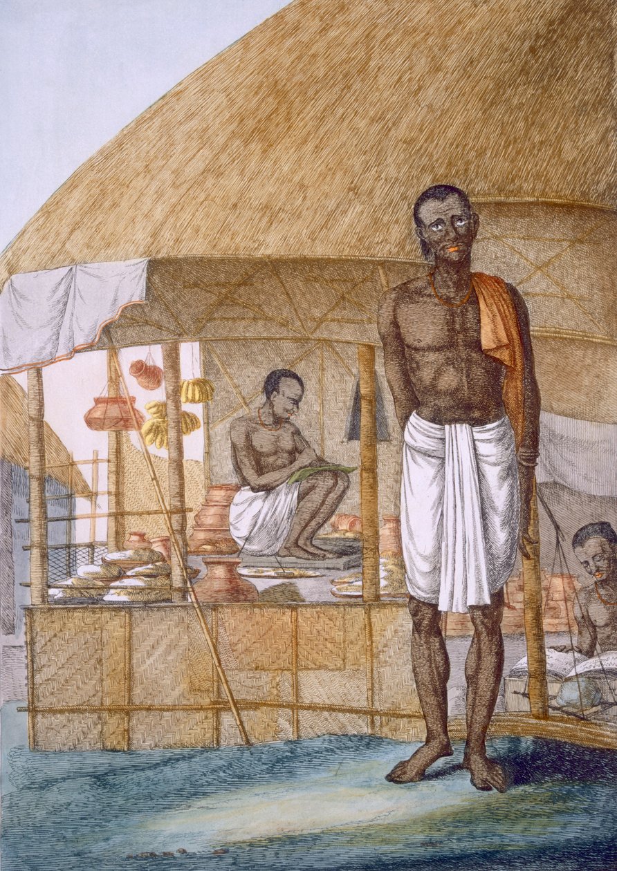 Boltos, aki edényeket, banánt és gabonát árul, „A hinduk, vagy viselkedésük, jelmezeik és szertartásaik leírása”, 1808–1812 (színes rézkarc) alkotó: Franz Balthazar Solvyns