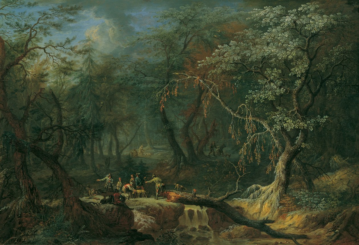 Erdei táj egy kidőlt fával és a vadászokkal alkotó: Franz Christoph Janneck