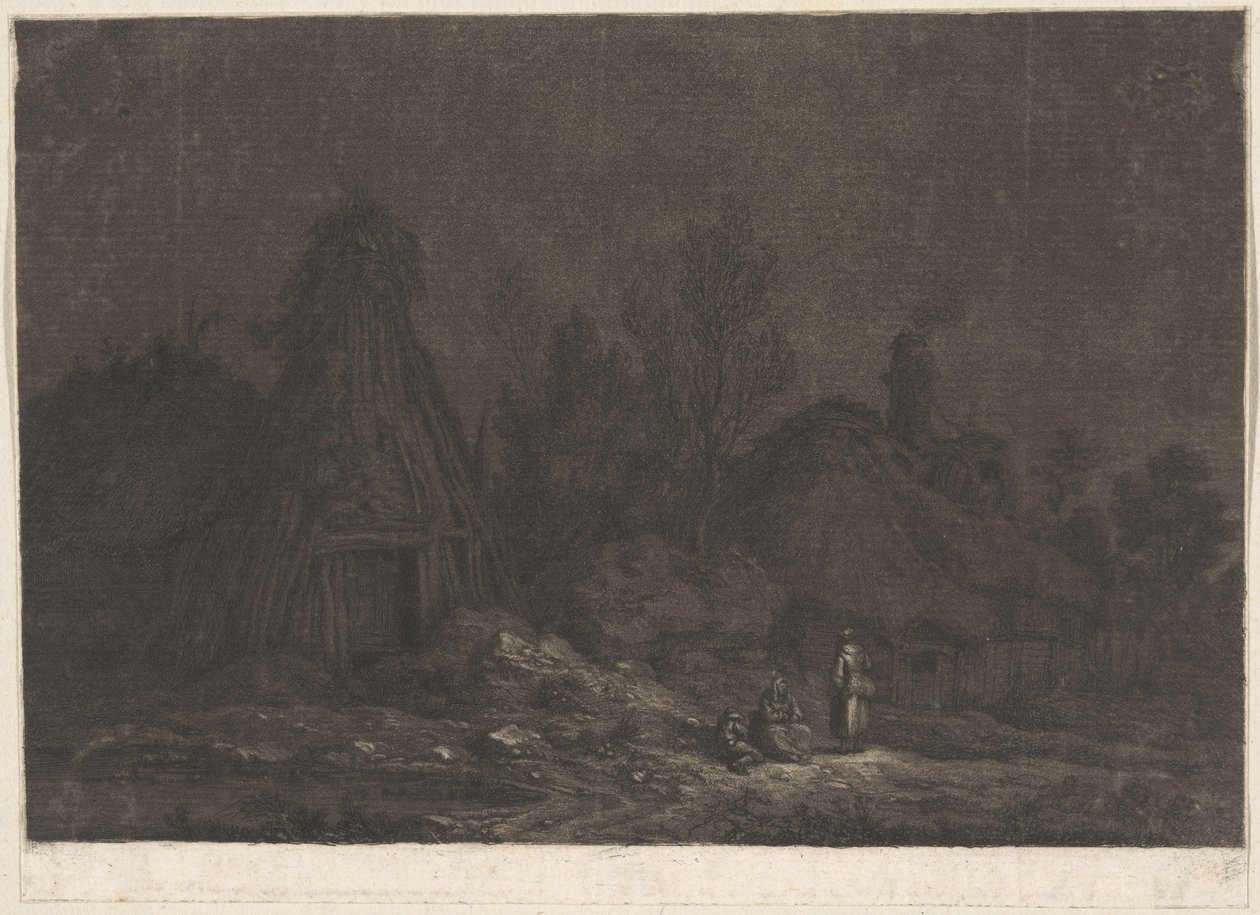 Holdfényes jelenet alakokkal egy kunyhó előtt XII Vues de la Normandie (sorozat címe) alkotó: Franz Edmund Weirotter