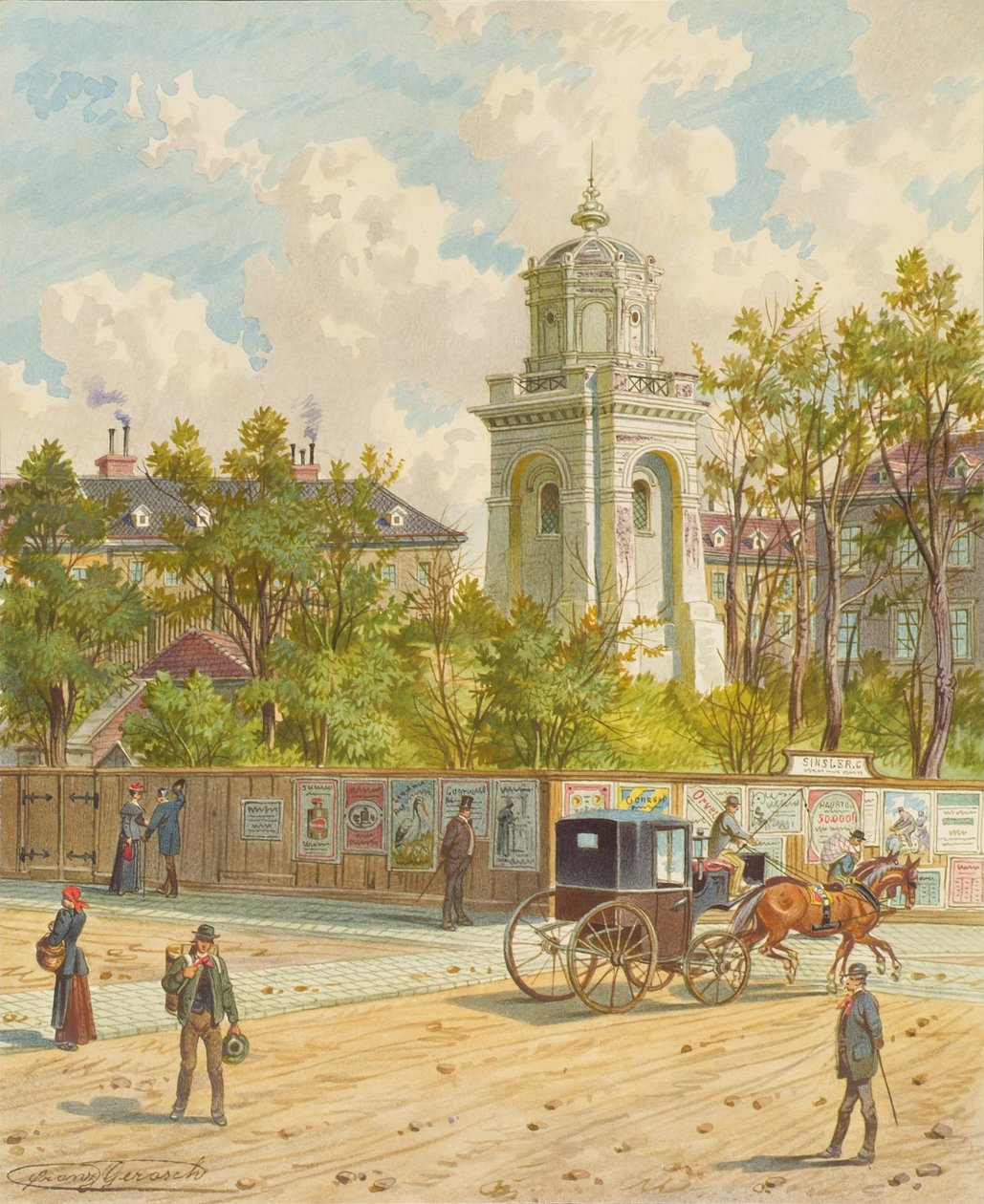 Währinger Strasse Bécsben (Ferdinánd vízvezetékének tornyával) alkotó: Franz Gerasch