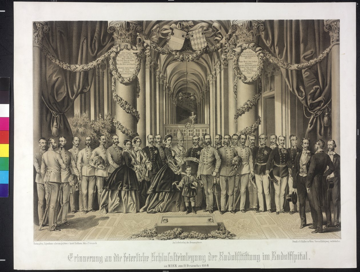 Emlékezés a Rudolf-alapítvány sírkövének ünnepélyes elhelyezésén a Rudolfspitalban 1864 (litográfia) alkotó: Franz Gerasch