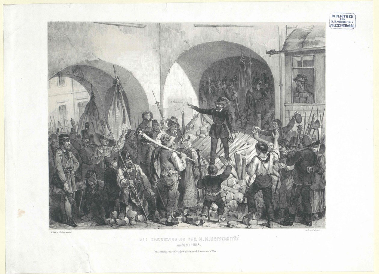 A barikád a k. k. egyetem 26. szám alatt. május 1848 (litográfia) alkotó: Franz Gerasch