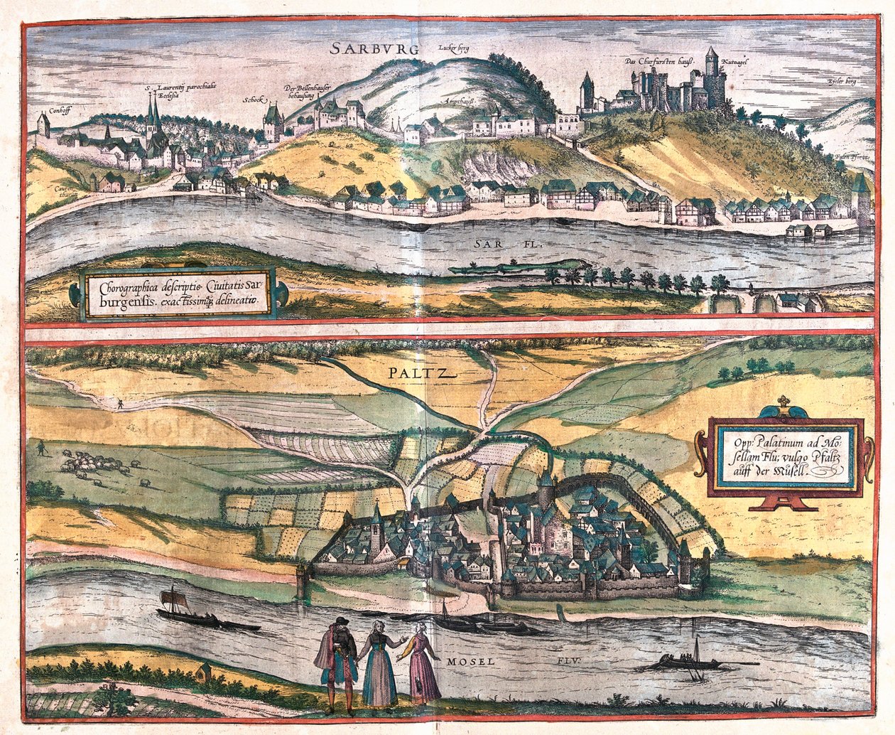 Saarburg városának és Pfaltz an der Mosel városának pontos áttekintése Németországban (metszet alkotó: Franz Hogenberg
