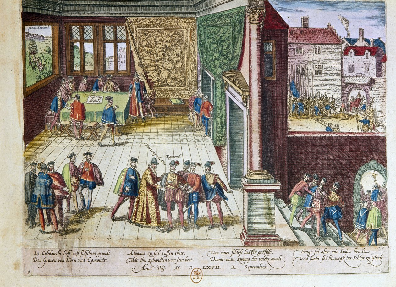 Lamoral, Egmont grófja (1522-1568) és Philippe de Montmorency (1524-1568), Hornes (Hoorn) gróf letartóztatása II. Fülöp spanyol király (1527-1598) elleni kiállásuk miatt. 1568-ban hajtják végre (jobbra fent) 1653 Print by F alkotó: Franz Hogenberg