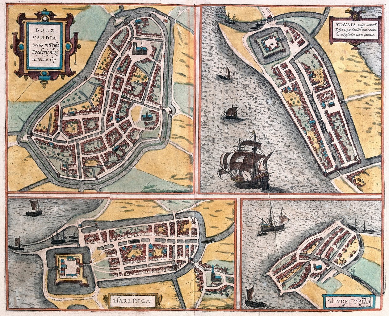 Bolsward, Stavoren, Harlingen és Hindeloopen, Hollandia (metszet alkotó: Franz Hogenberg