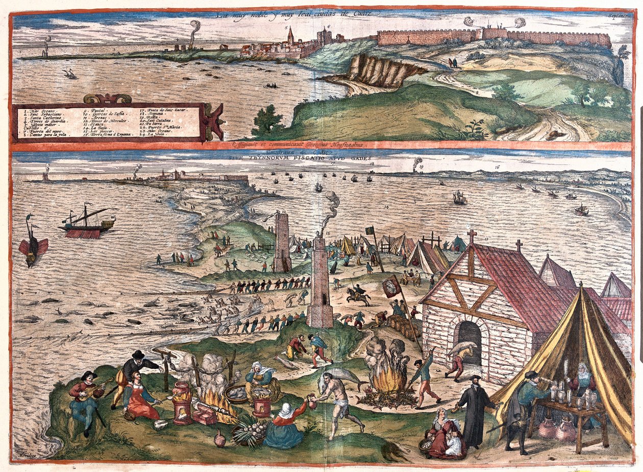Cadiz, Spanyolország. (Fent: Szent Sebastian kápolna, lent: Cadiz tonhalhalászata. Középen az őrtornyok (metszet) alkotó: Franz Hogenberg