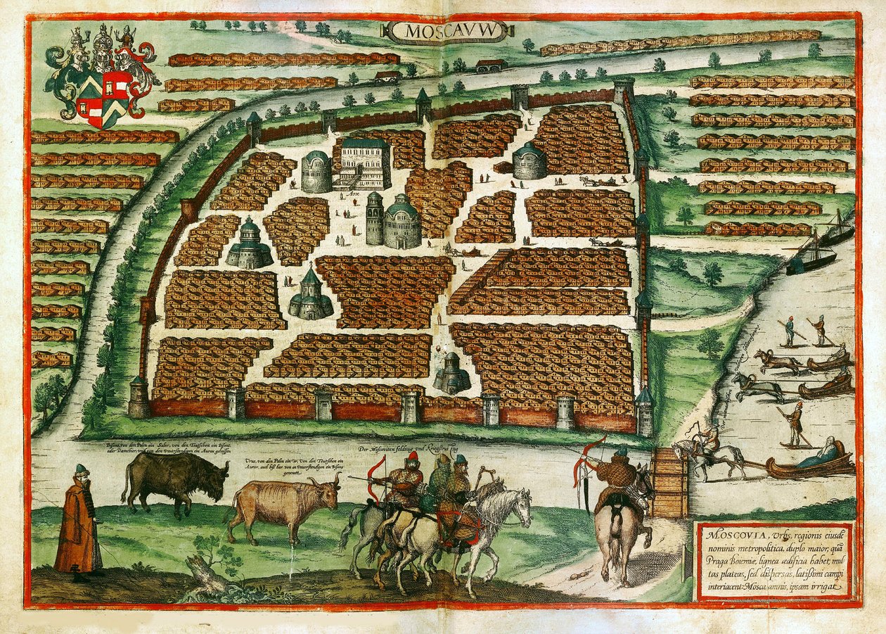 Moszkva térképe (Oroszország) – Frans Hogenberg (1535-1590) munkája, metszet és akvarell a Civitates orbis terráriumból alkotó: Franz Hogenberg